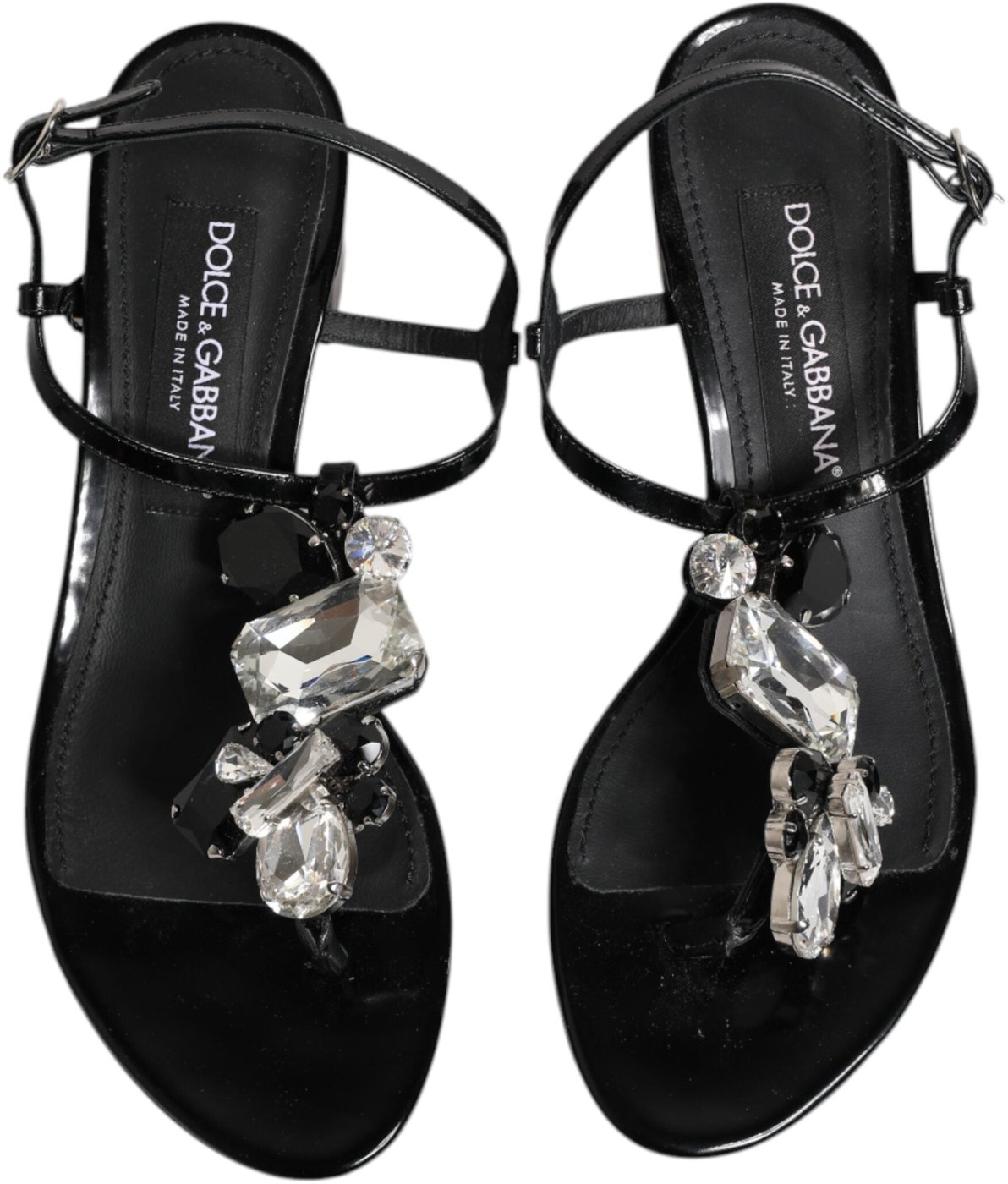 Dolce & Gabbana Black Leather Crystal Ankle Strap Sandals Shoes