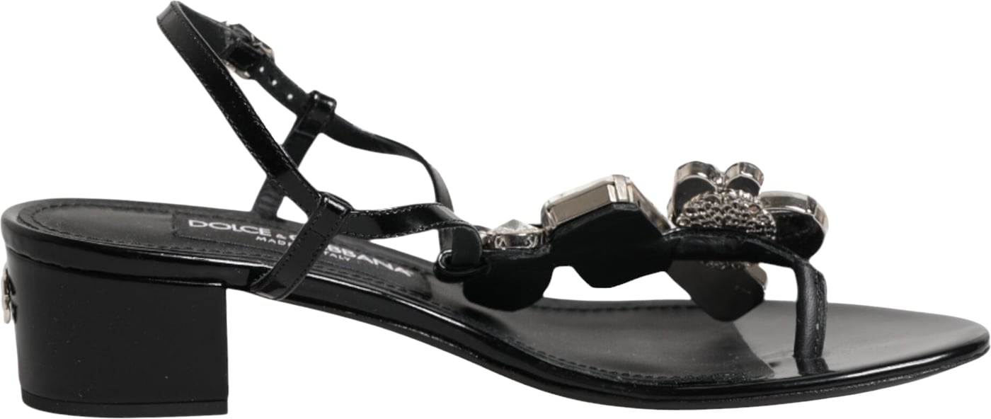 Dolce & Gabbana Black Leather Crystal Ankle Strap Sandals Shoes