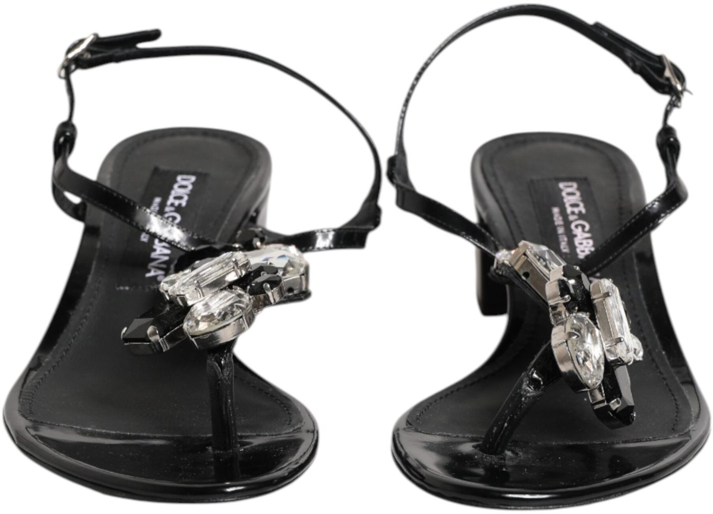 Dolce & Gabbana Black Leather Crystal Ankle Strap Sandals Shoes