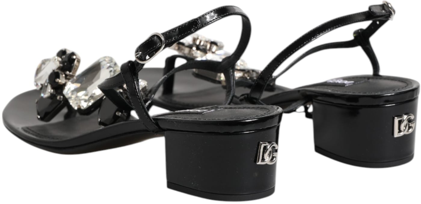 Dolce & Gabbana Black Leather Crystal Ankle Strap Sandals Shoes