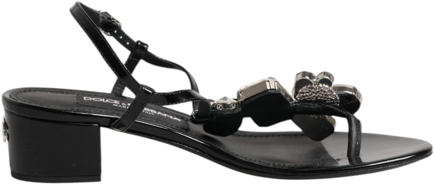 Dolce & Gabbana Black Leather Crystal Ankle Strap Sandals Shoes