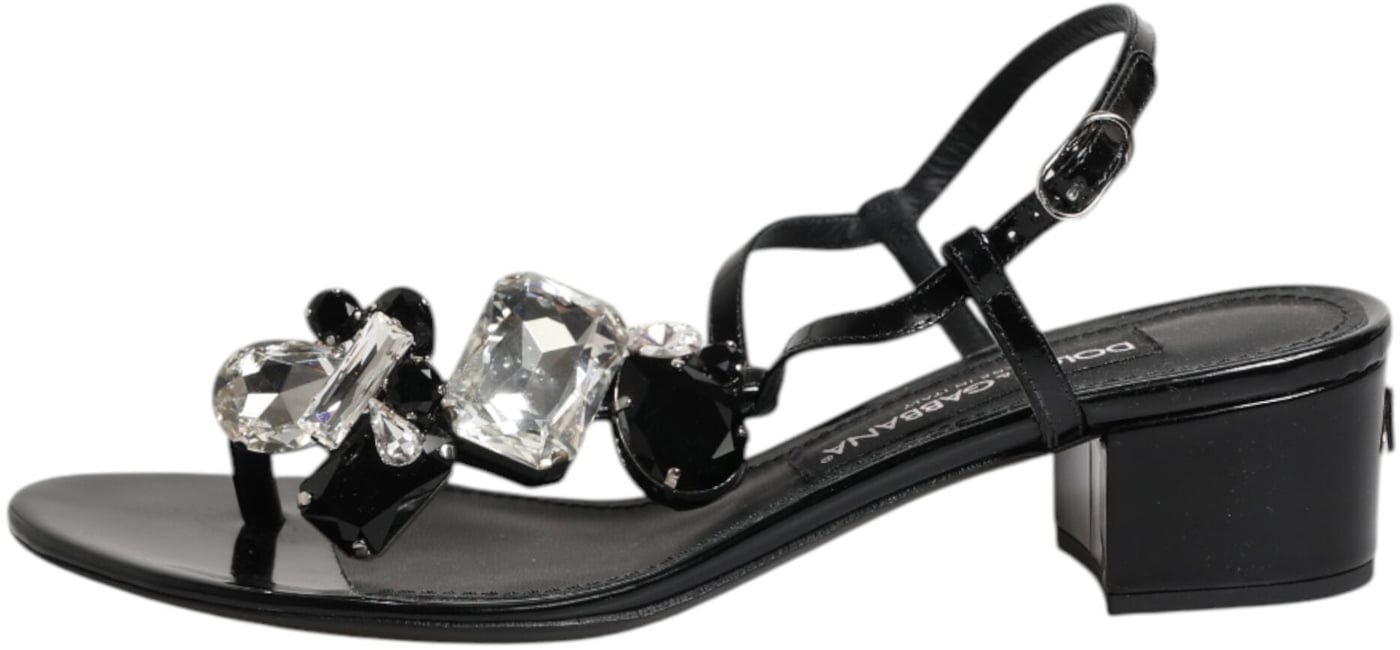 Dolce & Gabbana Black Leather Crystal Ankle Strap Sandals Shoes