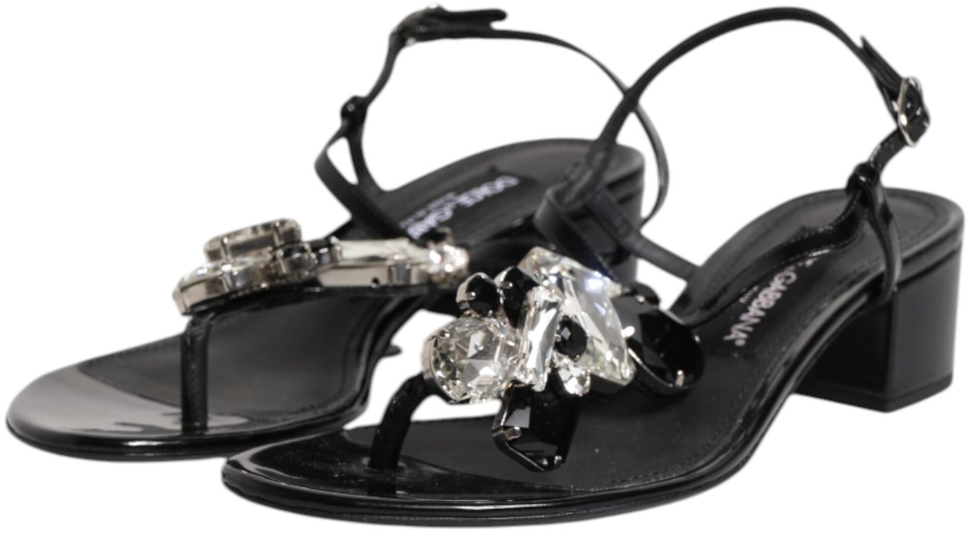 Dolce & Gabbana Black Leather Crystal Ankle Strap Sandals Shoes