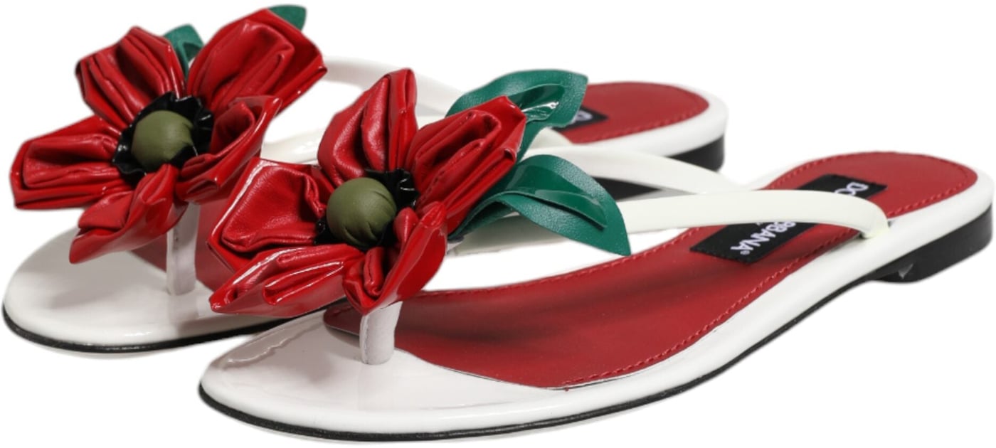 Dolce & Gabbana Red White KEIRA Flower Leather Sandals Shoes