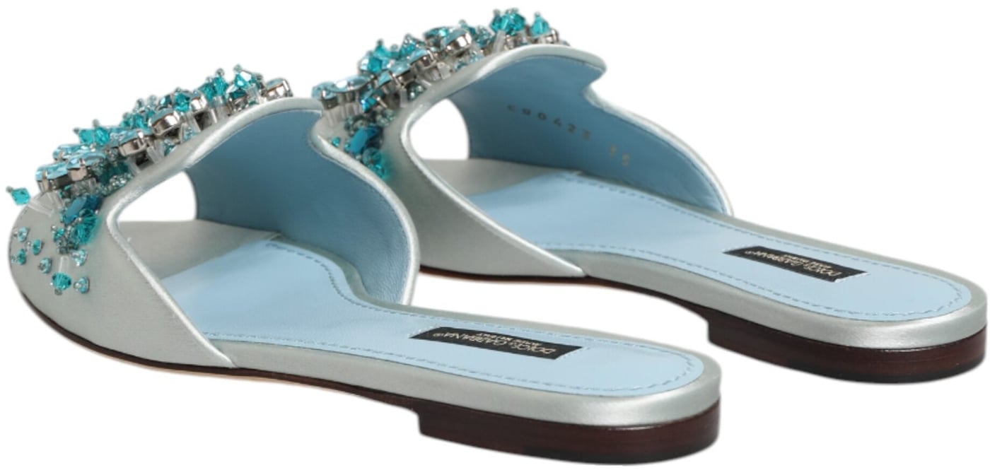 Dolce & Gabbana Silver Blue Leather Bead Embellish Slide Shoes