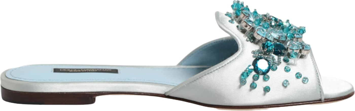 Dolce & Gabbana Silver Blue Leather Bead Embellish Slide Shoes