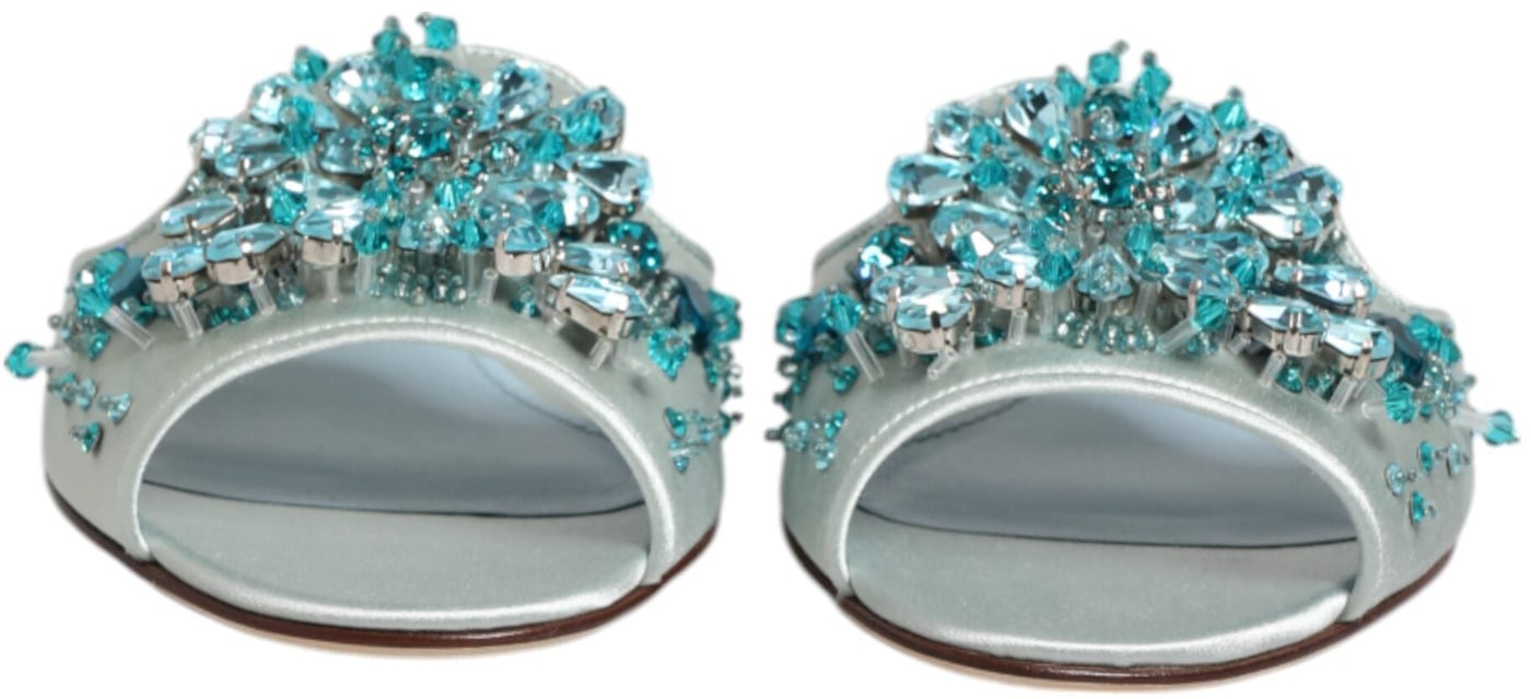 Dolce & Gabbana Silver Blue Leather Bead Embellish Slide Shoes
