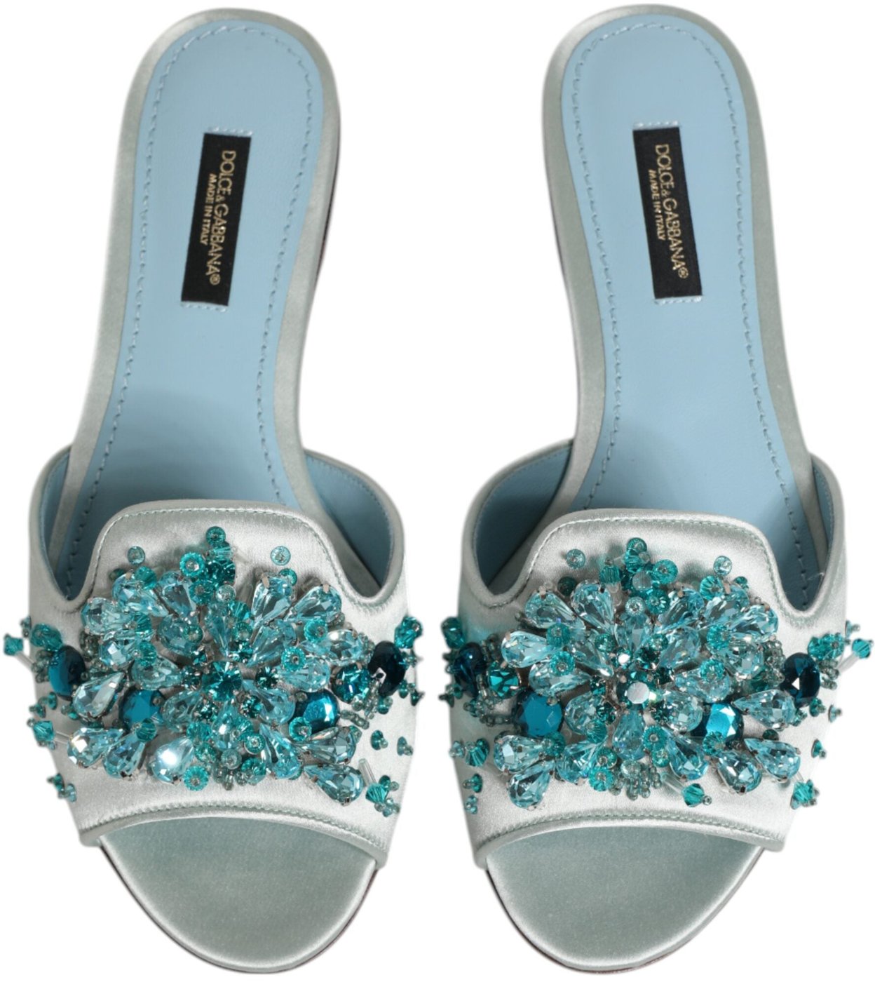 Dolce & Gabbana Silver Blue Leather Bead Embellish Slide Shoes
