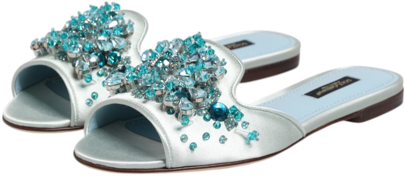 Dolce & Gabbana Silver Blue Leather Bead Embellish Slide Shoes