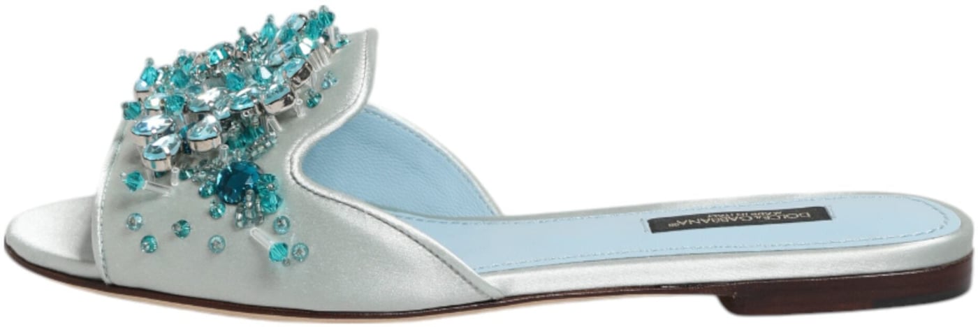 Dolce & Gabbana Silver Blue Leather Bead Embellish Slide Shoes