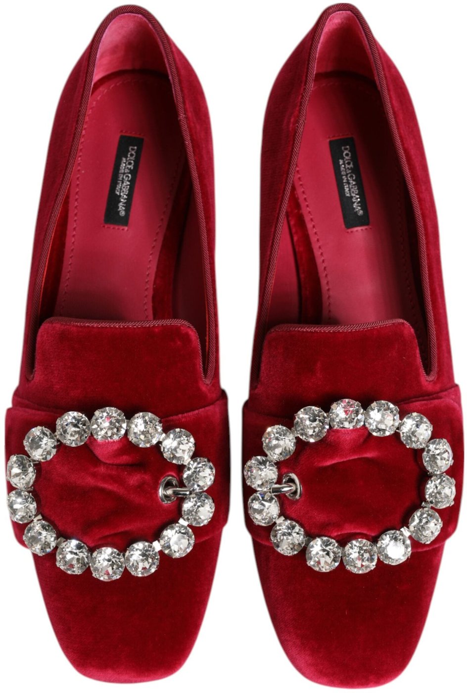 Dolce & Gabbana Red Velvet Crystal Buckle Loafers Flats Shoes