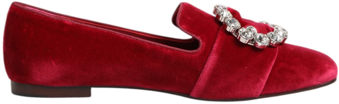 Dolce & Gabbana Red Velvet Crystal Buckle Loafers Flats Shoes