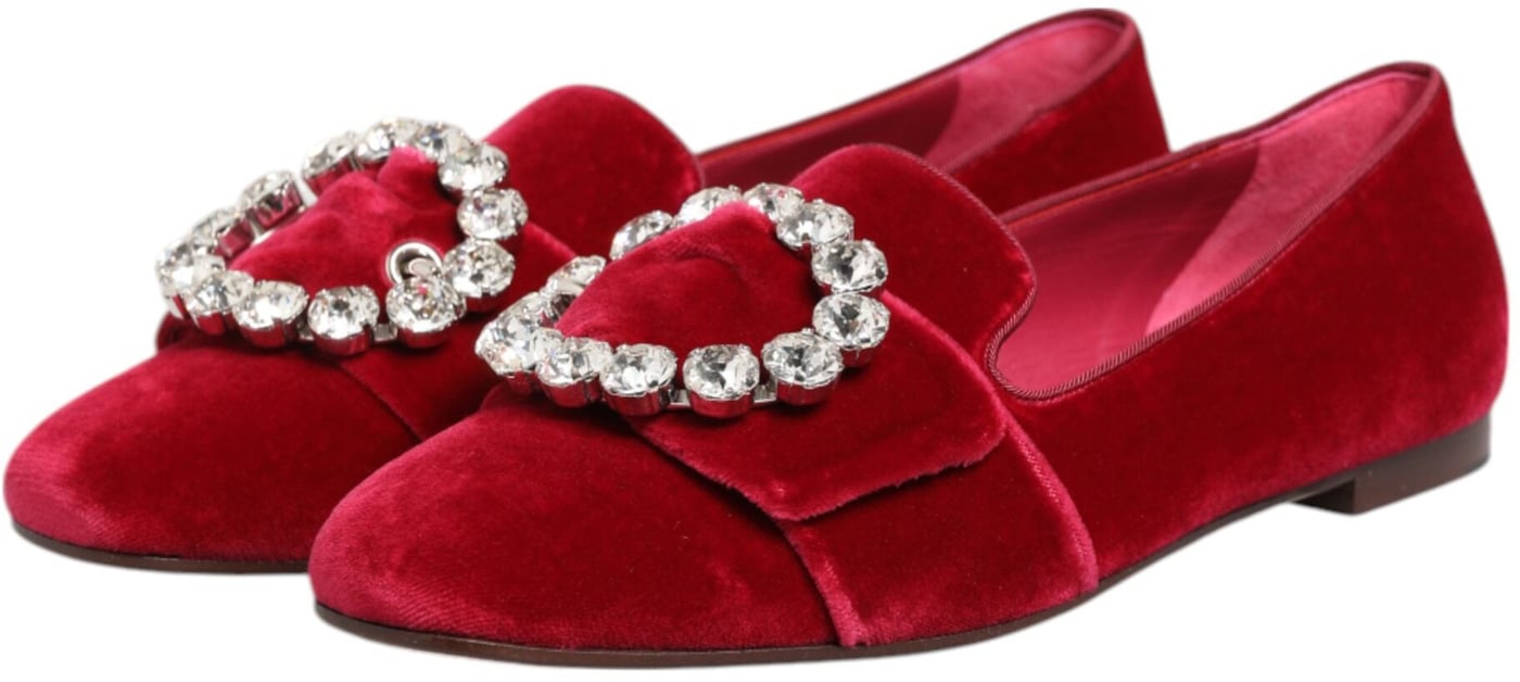 Dolce & Gabbana Red Velvet Crystal Buckle Loafers Flats Shoes