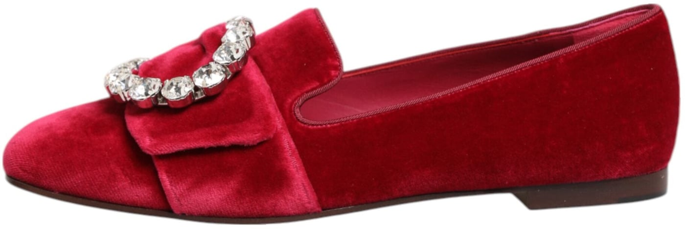 Dolce & Gabbana Red Velvet Crystal Buckle Loafers Flats Shoes