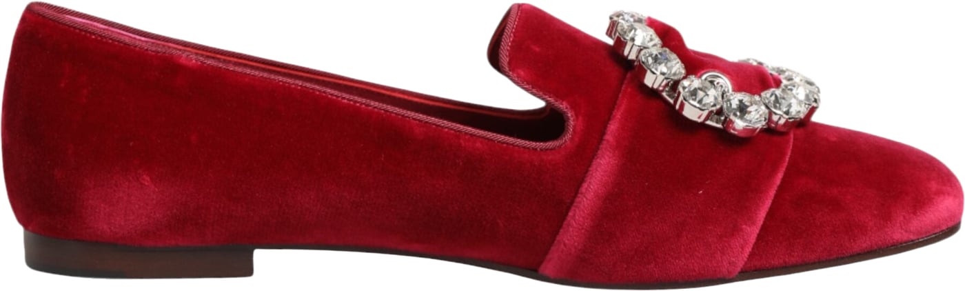 Dolce & Gabbana Red Velvet Crystal Buckle Loafers Flats Shoes