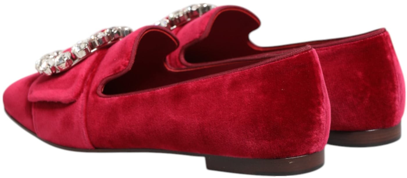 Dolce & Gabbana Red Velvet Crystal Buckle Loafers Flats Shoes