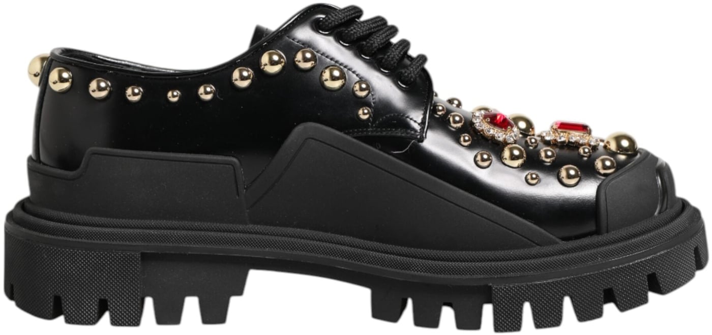 Dolce & Gabbana Black Leather Jeweled Crystals Derby Shoes