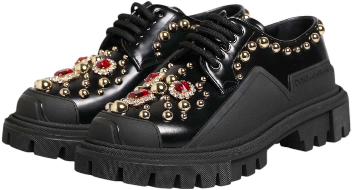 Dolce & Gabbana Black Leather Jeweled Crystals Derby Shoes