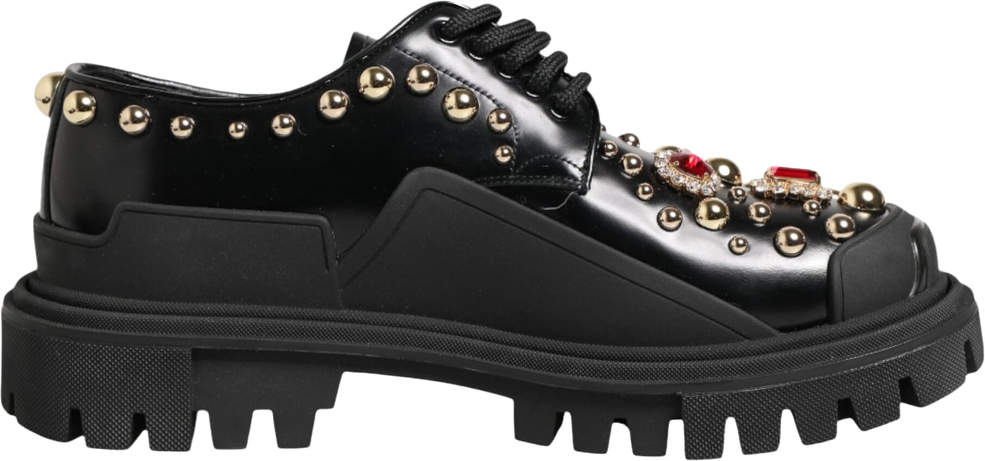 Dolce & Gabbana Black Leather Jeweled Crystals Derby Shoes