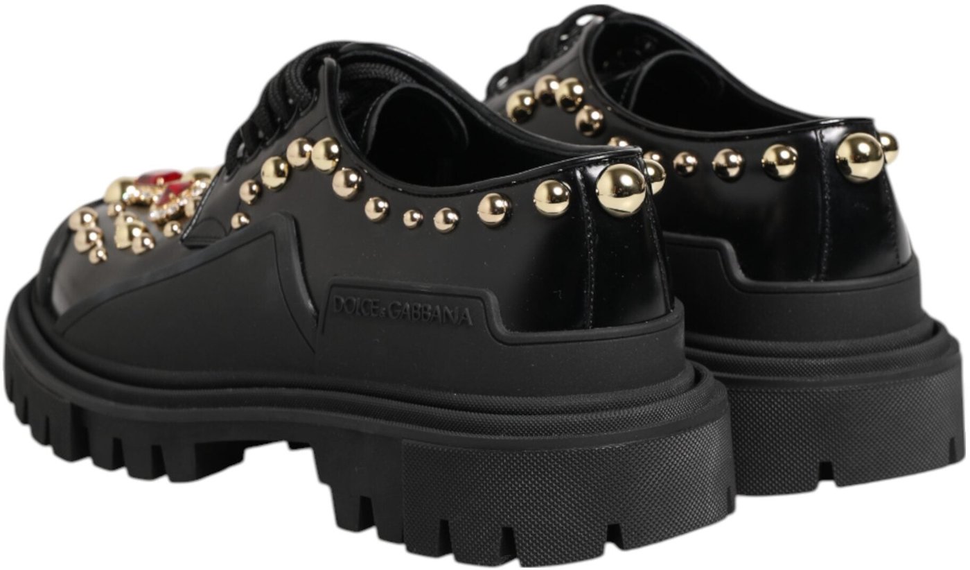 Dolce & Gabbana Black Leather Jeweled Crystals Derby Shoes
