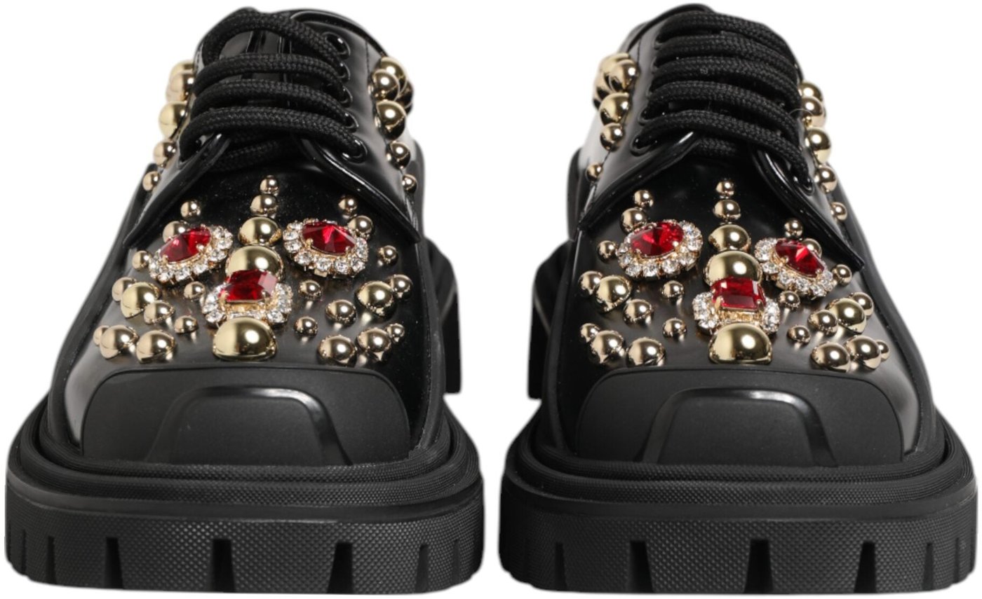 Dolce & Gabbana Black Leather Jeweled Crystals Derby Shoes