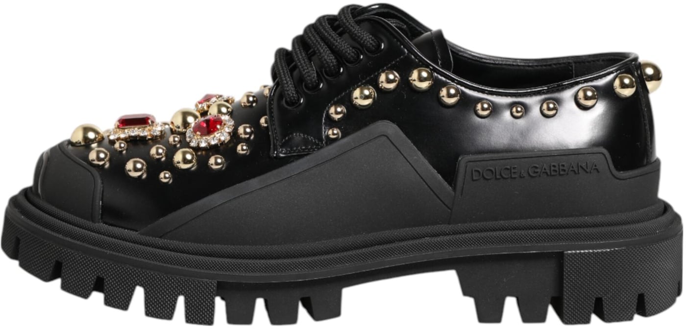 Dolce & Gabbana Black Leather Jeweled Crystals Derby Shoes