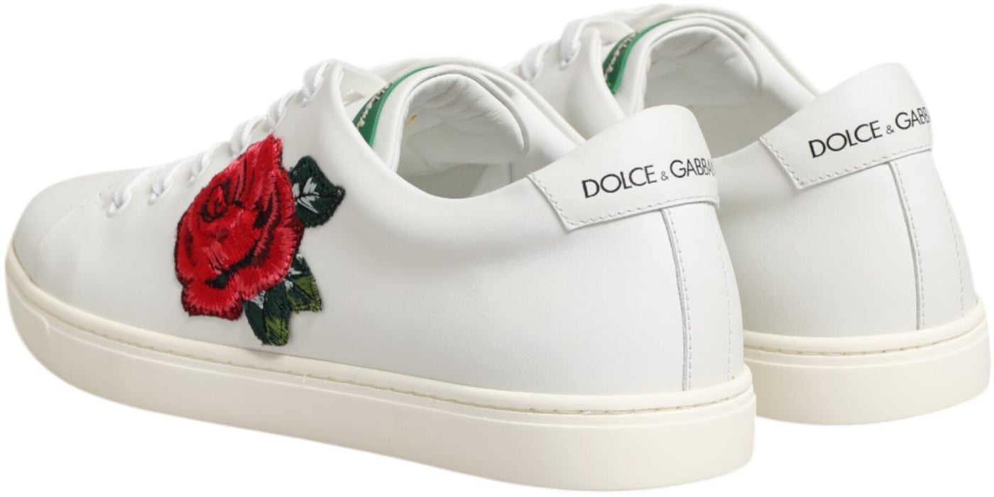 Dolce & Gabbana White Leather Rose Embroidery Low-Top Shoes