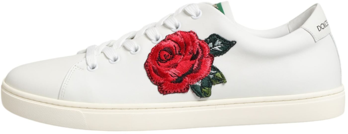 Dolce & Gabbana White Leather Rose Embroidery Low-Top Shoes