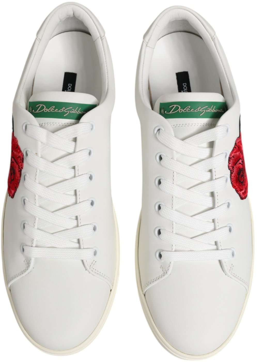 Dolce & Gabbana White Leather Rose Embroidery Low-Top Shoes