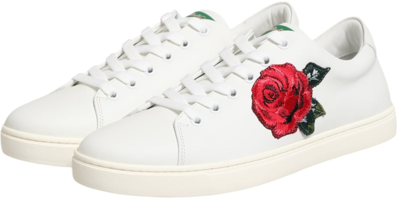 Dolce & Gabbana White Leather Rose Embroidery Low-Top Shoes