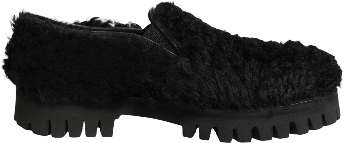 Dolce & Gabbana Dress Black Fur Leather Slippers Men Shoes