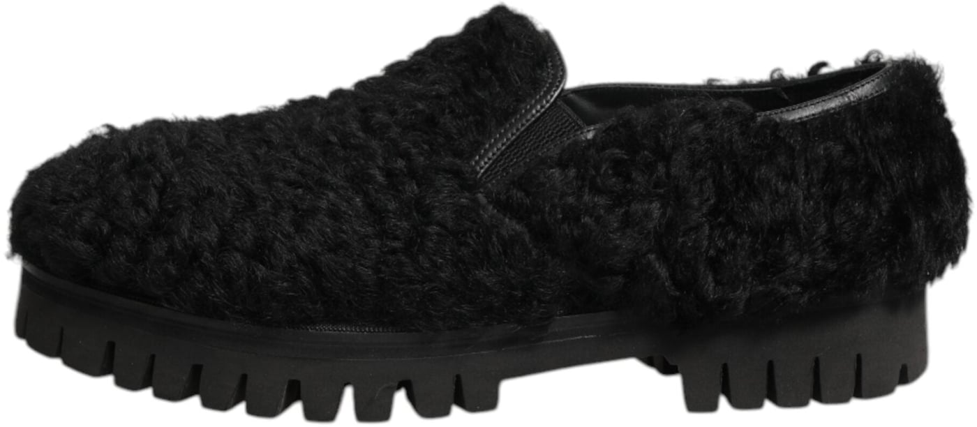 Dolce & Gabbana Dress Black Fur Leather Slippers Men Shoes