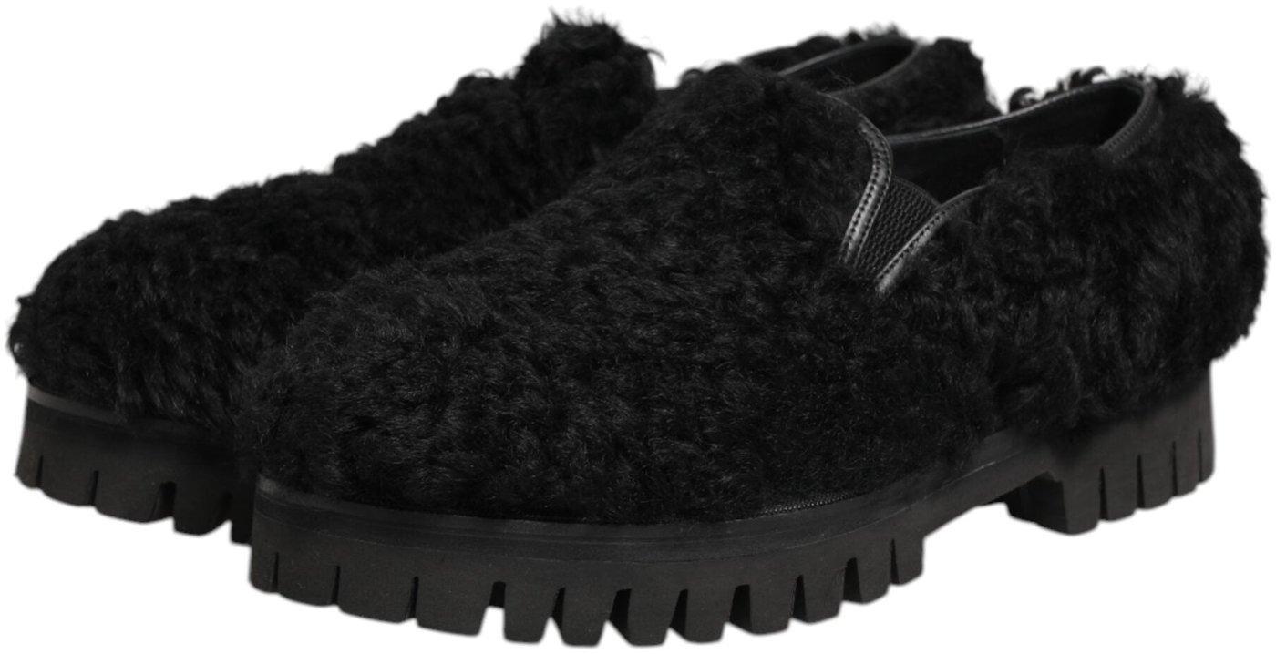 Dolce & Gabbana Dress Black Fur Leather Slippers Men Shoes