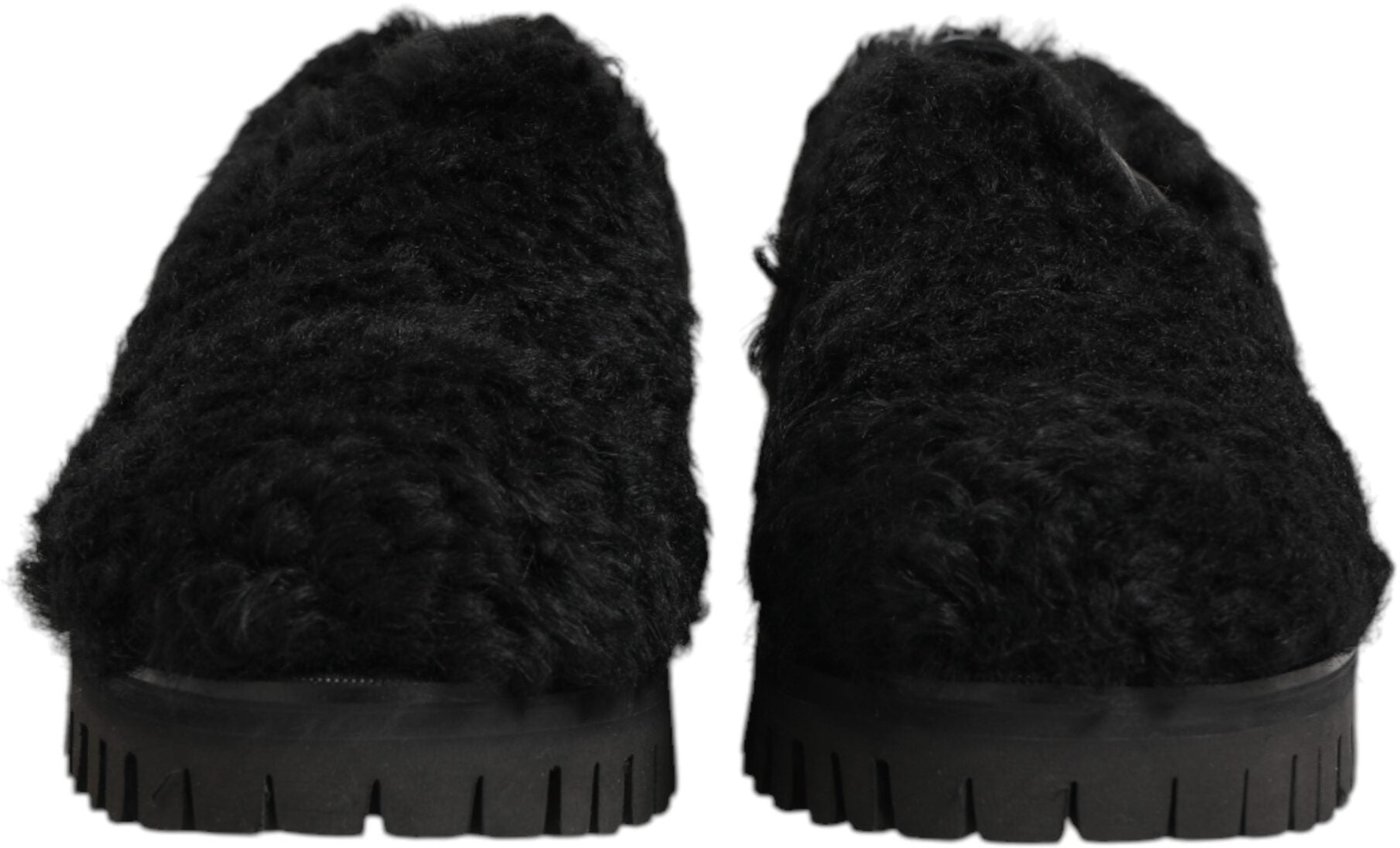 Dolce & Gabbana Dress Black Fur Leather Slippers Men Shoes