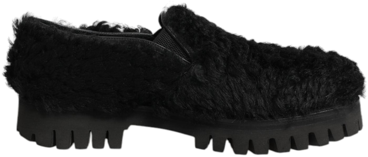 Dolce & Gabbana Dress Black Fur Leather Slippers Men Shoes