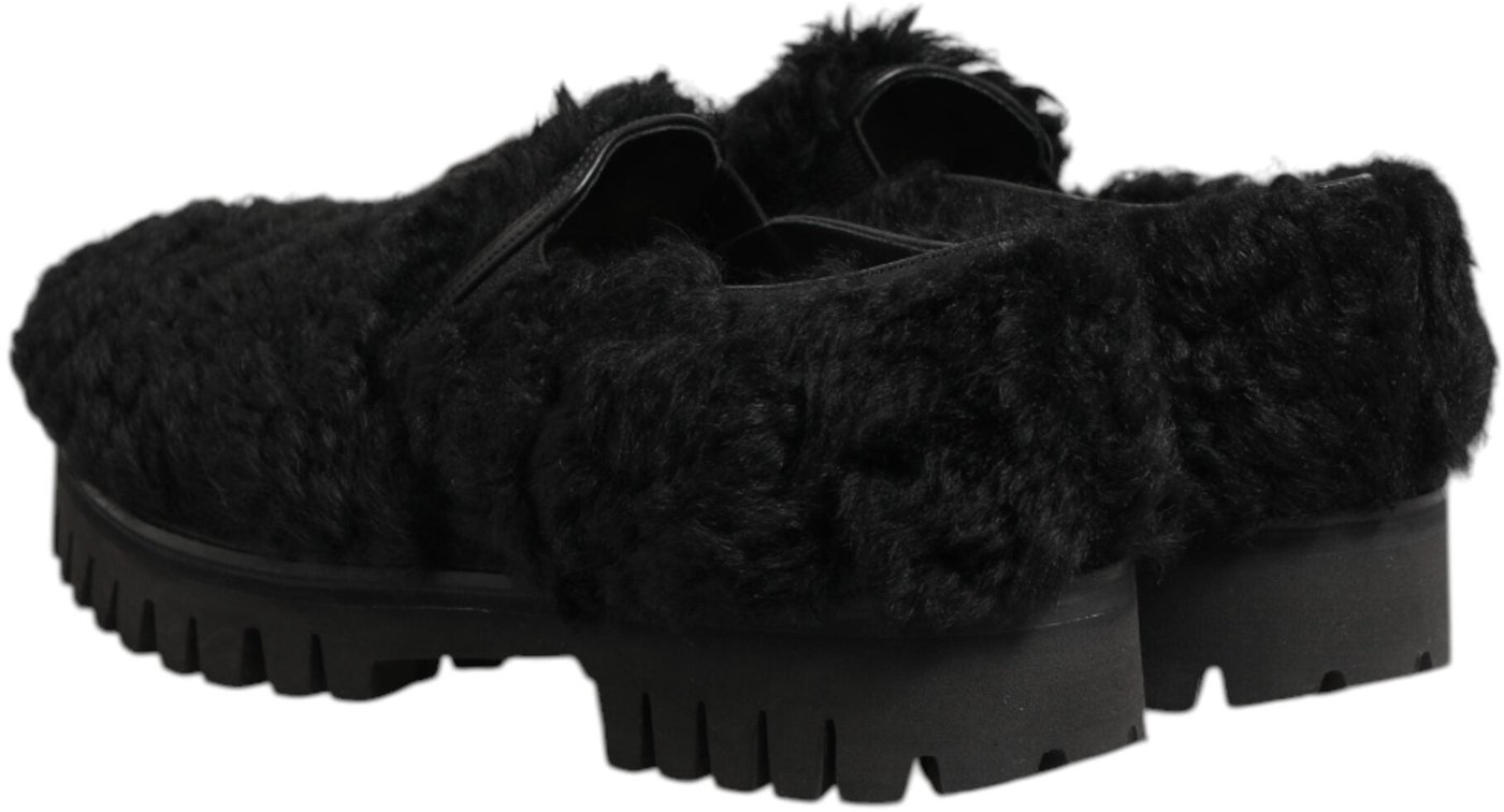Dolce & Gabbana Dress Black Fur Leather Slippers Men Shoes