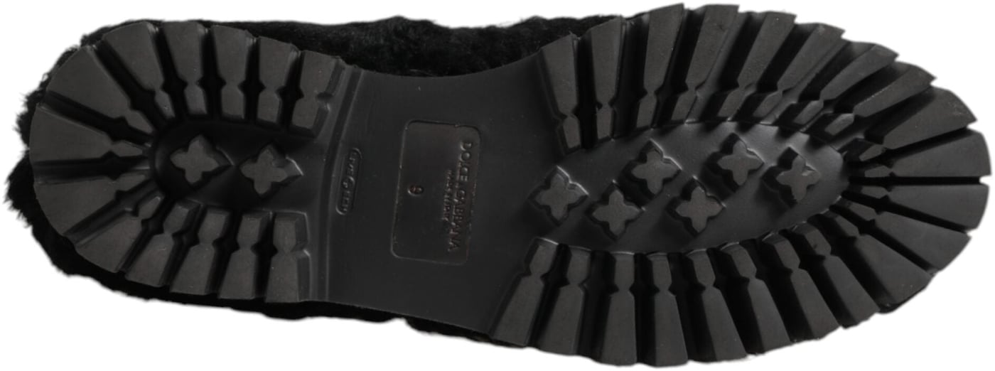 Dolce & Gabbana Dress Black Fur Leather Slippers Men Shoes