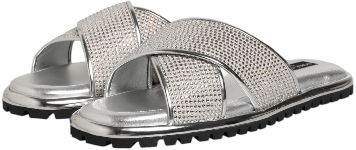Dolce & Gabbana Silver Strass Slides Flats Slippers Shoes