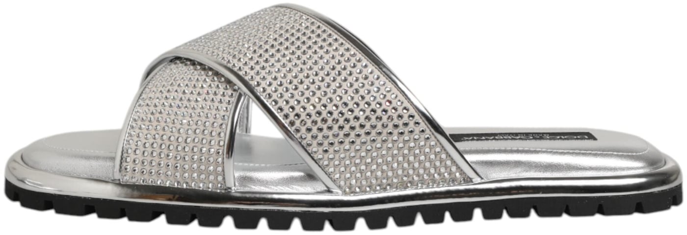 Dolce & Gabbana Silver Strass Slides Flats Slippers Shoes