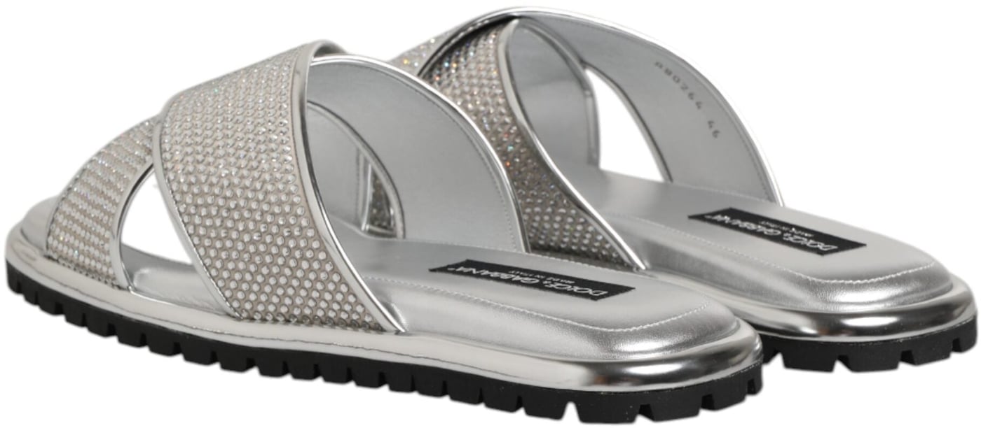 Dolce & Gabbana Silver Strass Slides Flats Slippers Shoes
