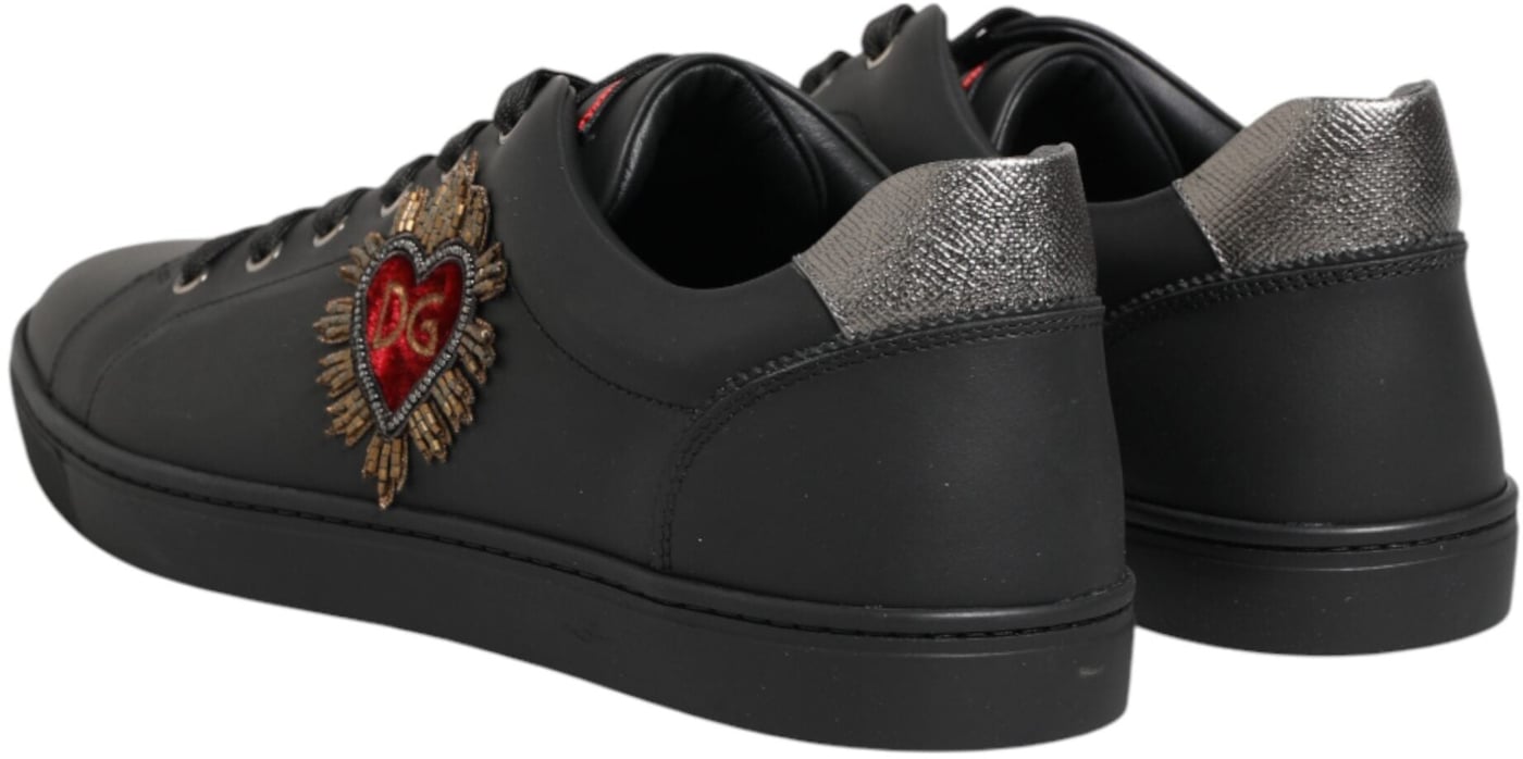 Dolce & Gabbana Black Leather Heart Embellished Sneakers Shoes