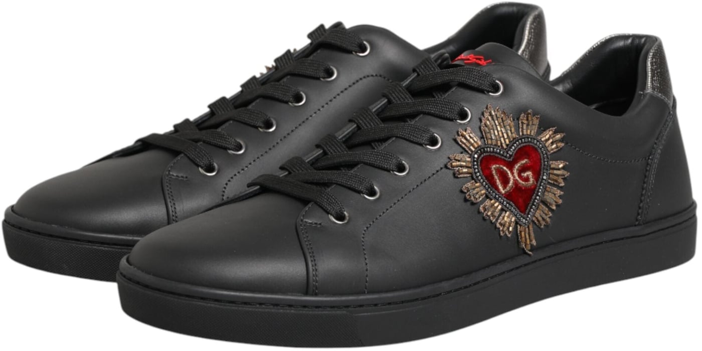 Dolce & Gabbana Black Leather Heart Embellished Sneakers Shoes