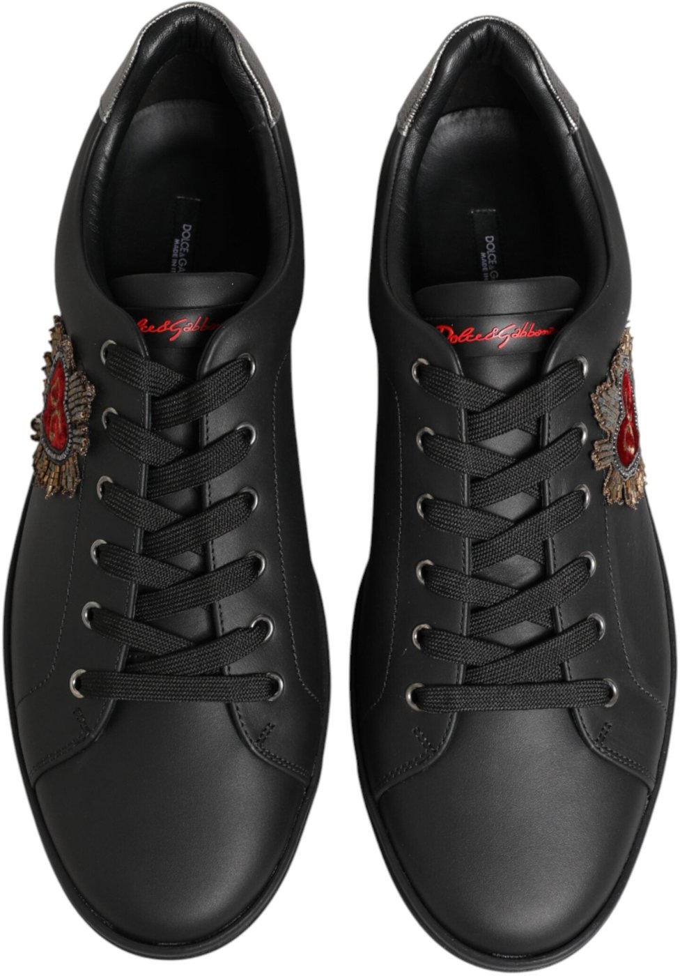 Dolce & Gabbana Black Leather Heart Embellished Sneakers Shoes