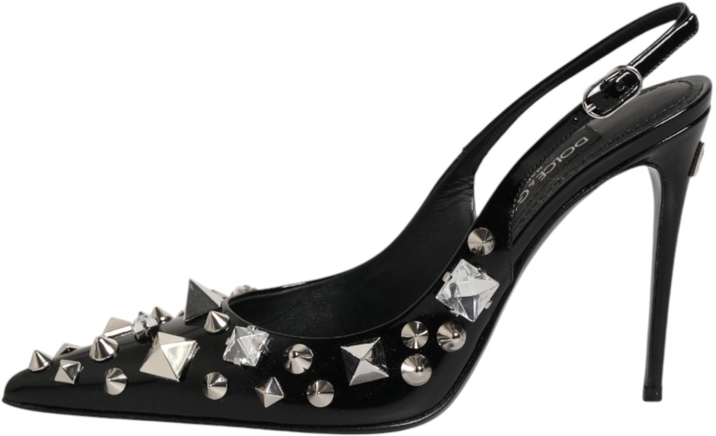 Dolce & Gabbana Black Studded Leather Heels Slingbacks Shoes