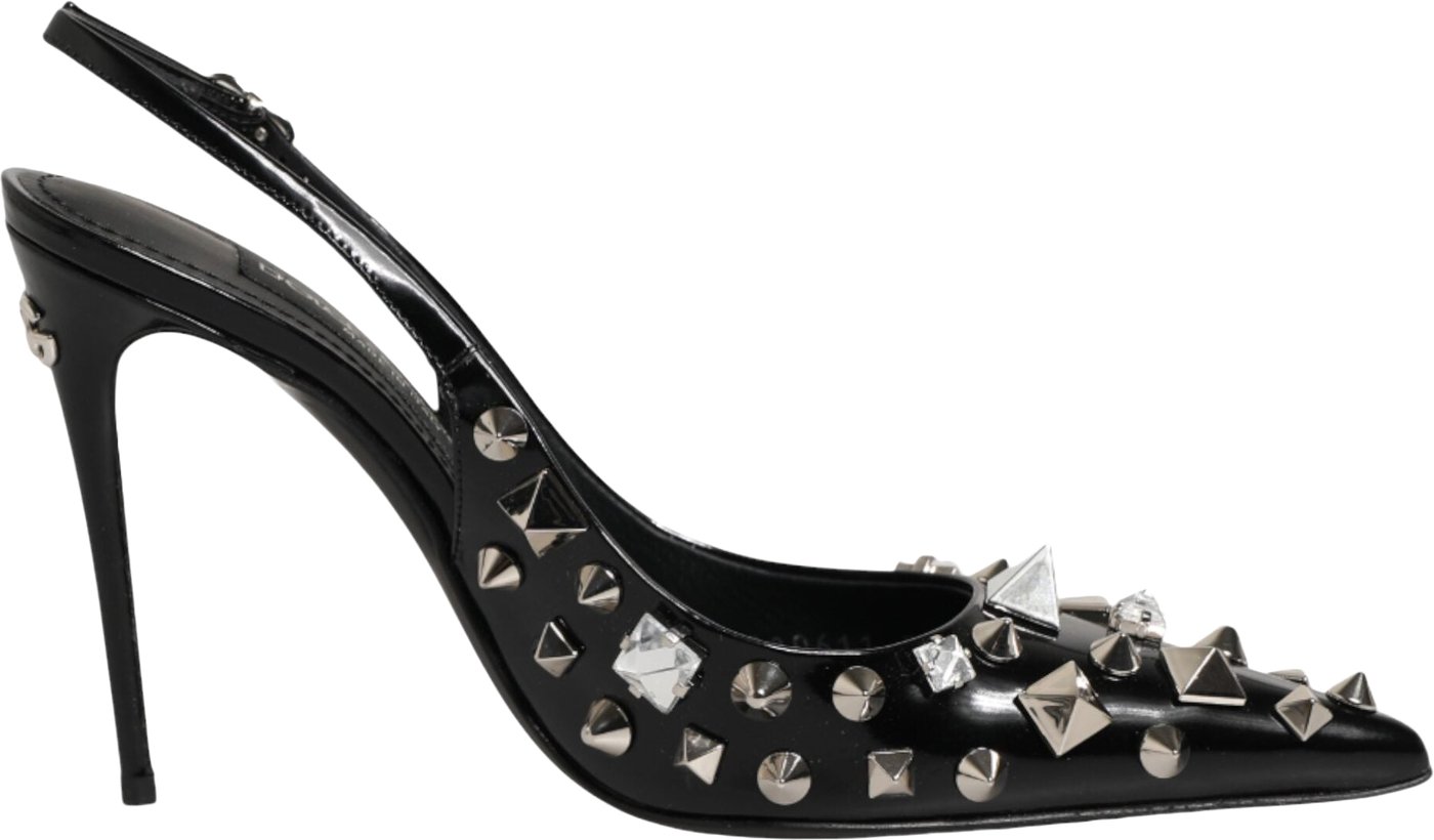 Dolce & Gabbana Black Studded Leather Heels Slingbacks Shoes
