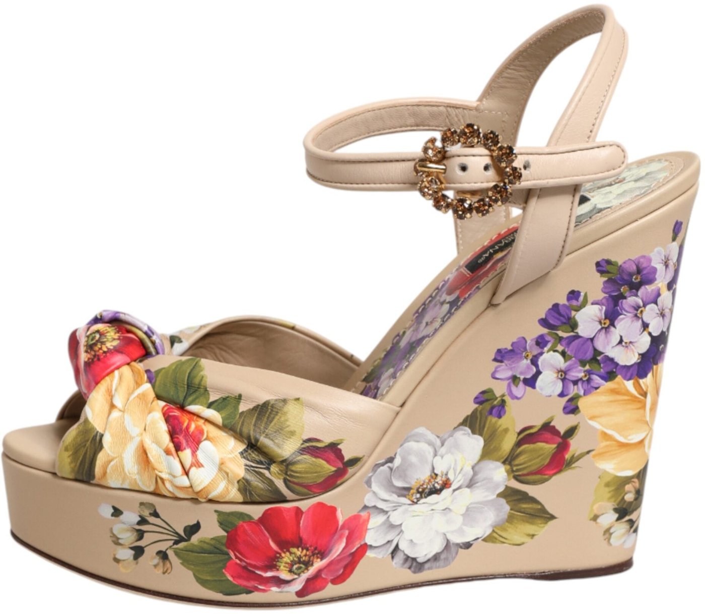 Dolce & Gabbana Beige Floral Ankle Strap Wedge Sandals Shoes