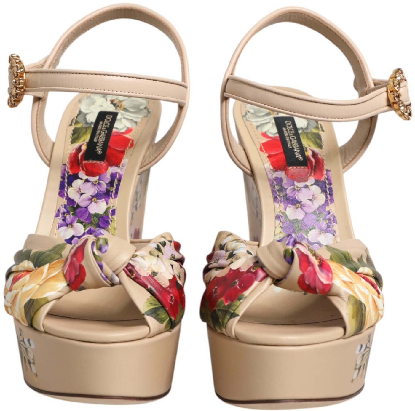 Dolce & Gabbana Beige Floral Ankle Strap Wedge Sandals Shoes