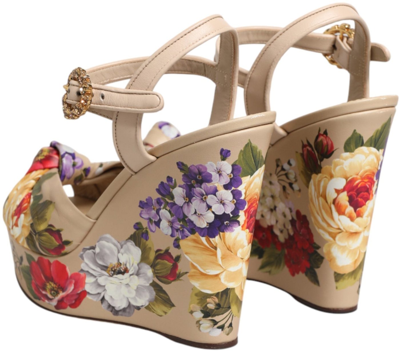Dolce & Gabbana Beige Floral Ankle Strap Wedge Sandals Shoes