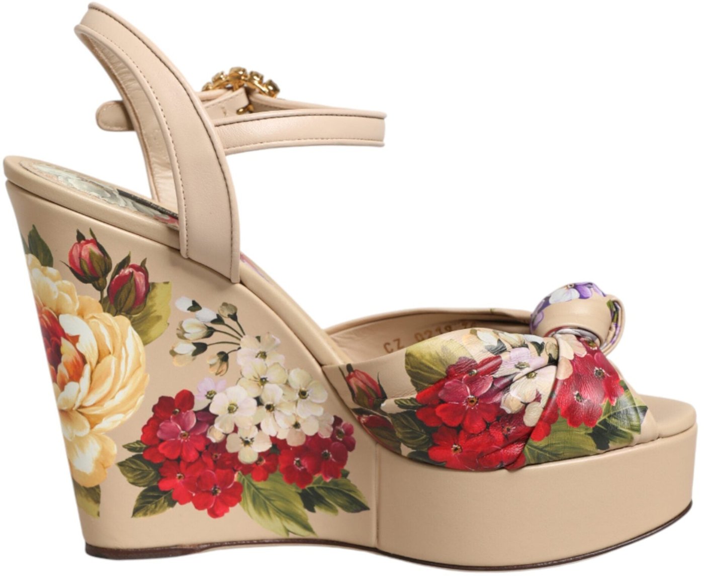 Dolce & Gabbana Beige Floral Ankle Strap Wedge Sandals Shoes
