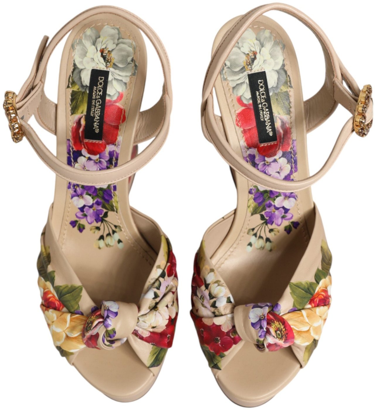 Dolce & Gabbana Beige Floral Ankle Strap Wedge Sandals Shoes